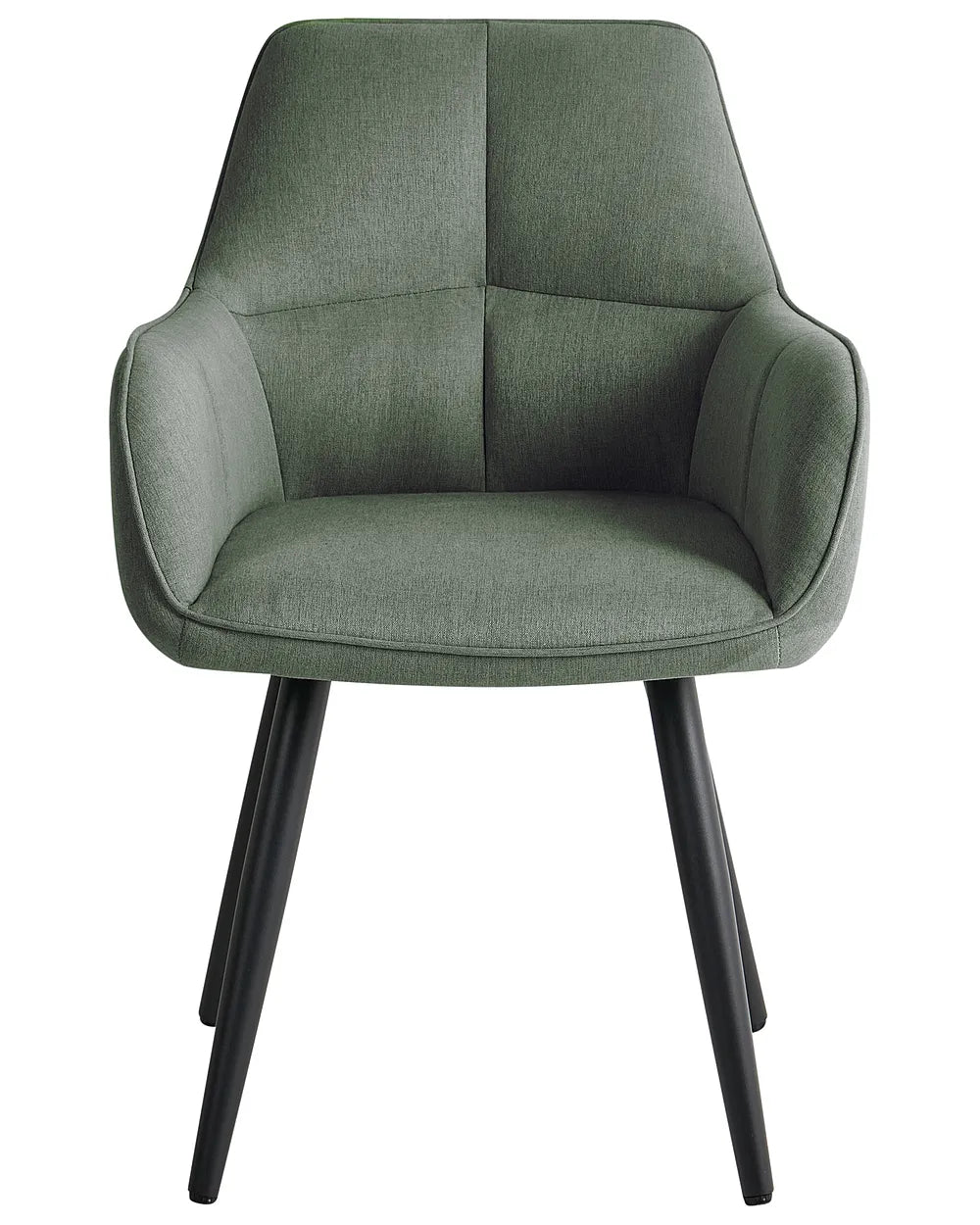 Green upholstered chair with black legs on a white background