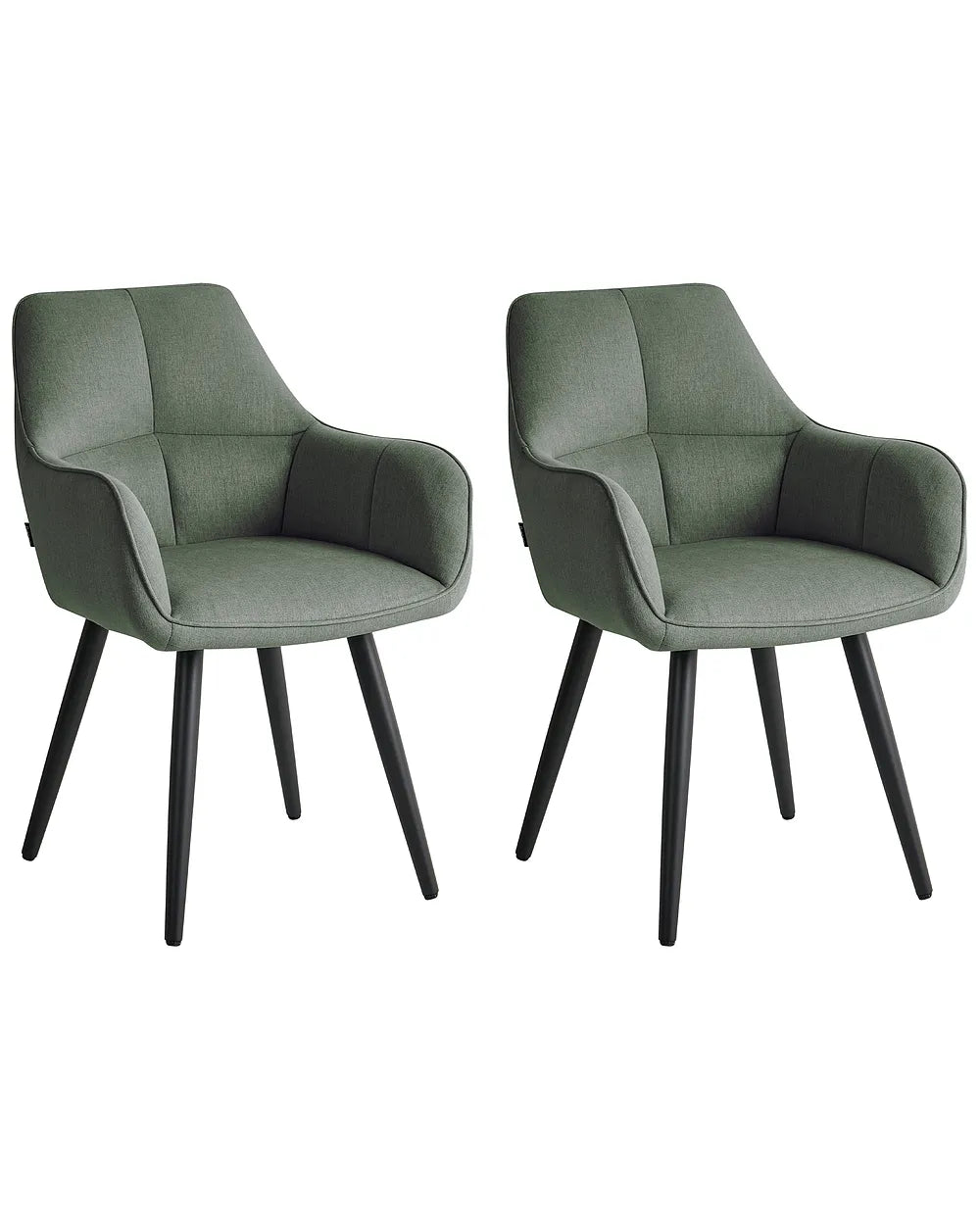 Two upholstered dining chairs in a muted sage green fabric with tapered black legs, shown side by side on a plain white background.