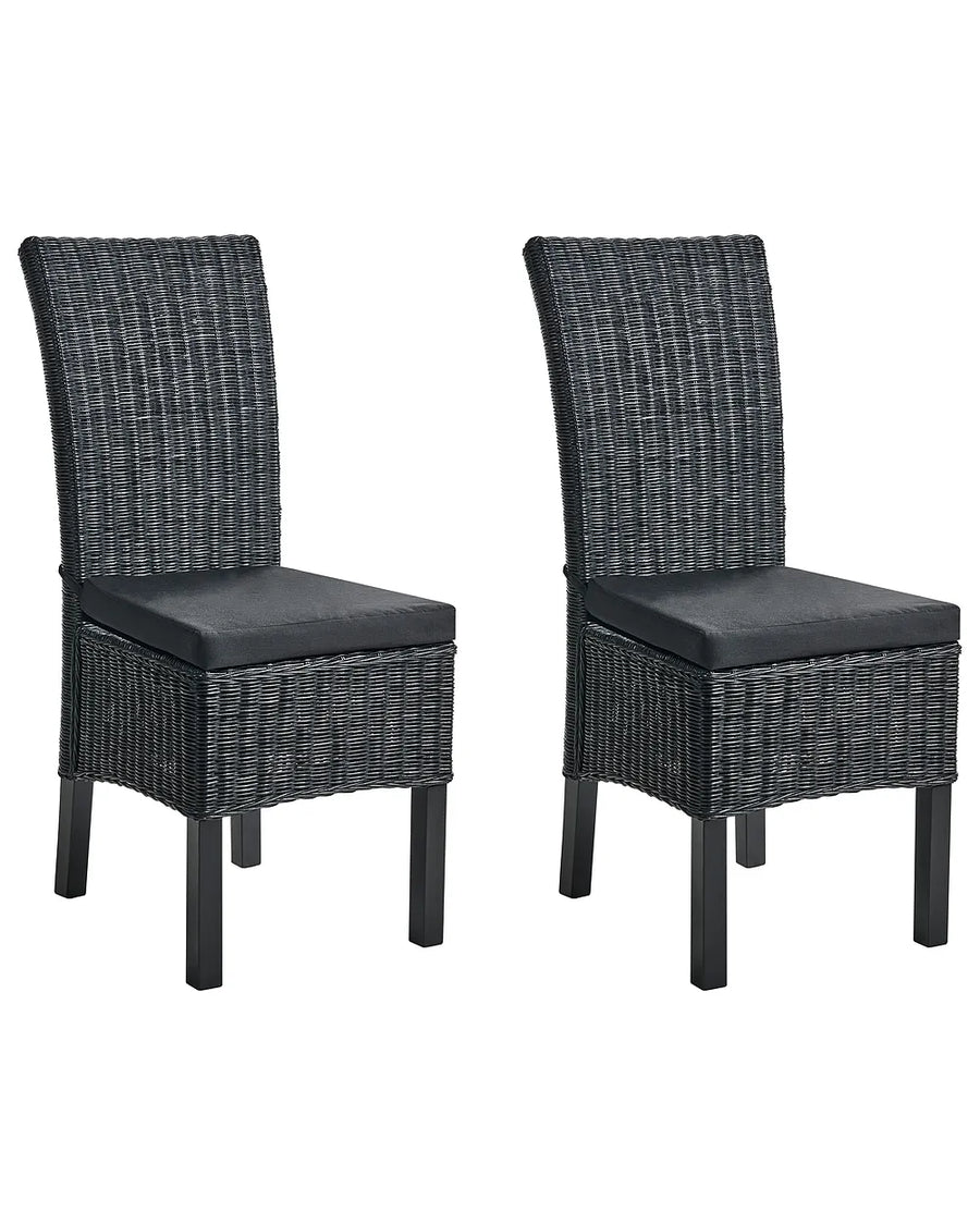 Two dark gray wicker chairs with black cushions on a white background