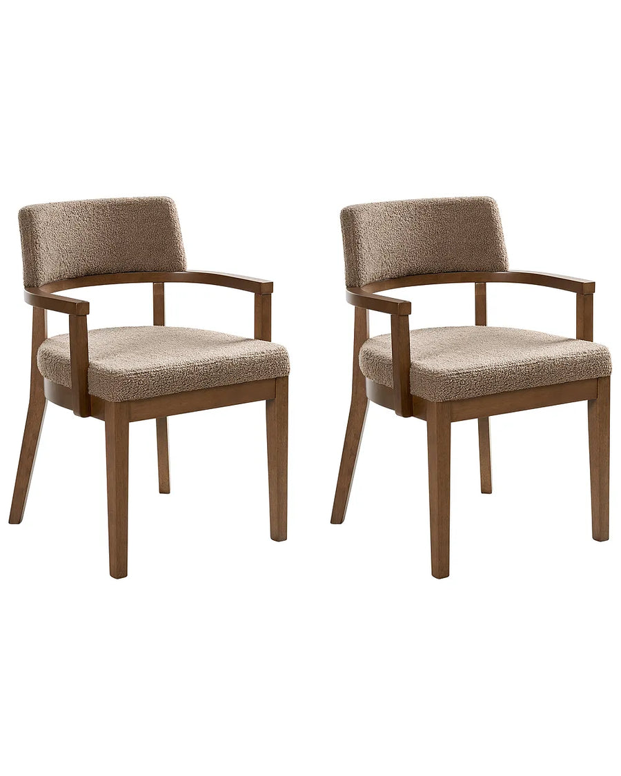 Two brown chairs with armrests on a white background