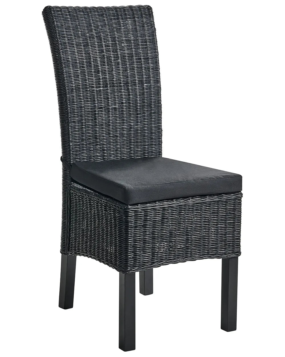 Black wicker chair with a cushion on a white background