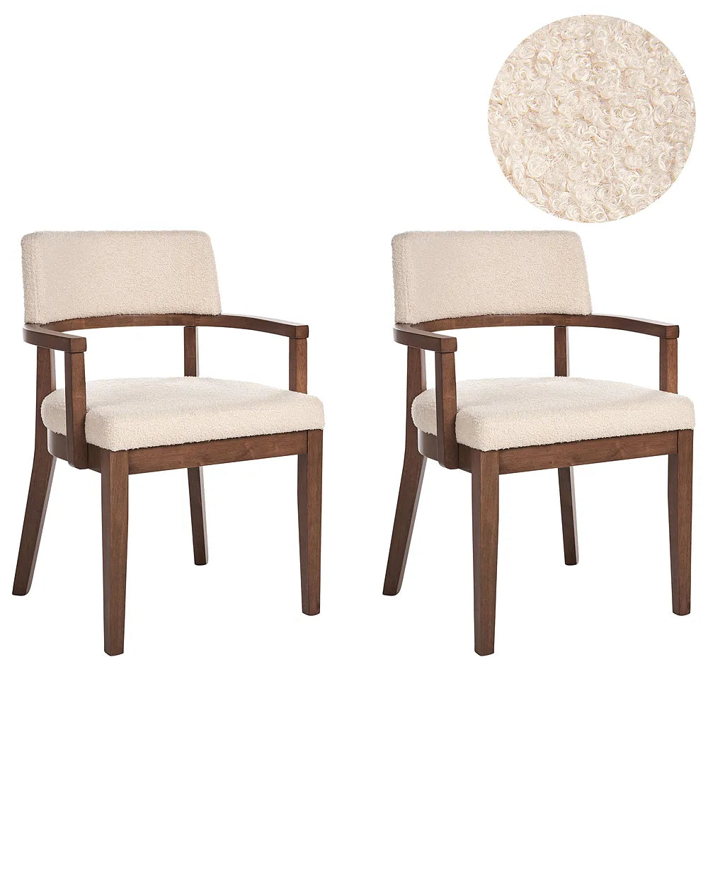 Two matching upholstered dining chairs with dark brown wooden frames and cream bouclé fabric seats and backs, shown on a white background with a circular fabric close-up inset.