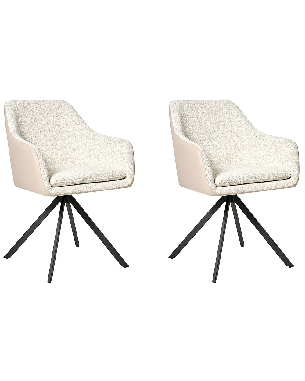 Two modern swivel dining chairs with cream bouclé upholstered seats and curved backs, supported by black metal tripod legs, shown on a plain white background.
