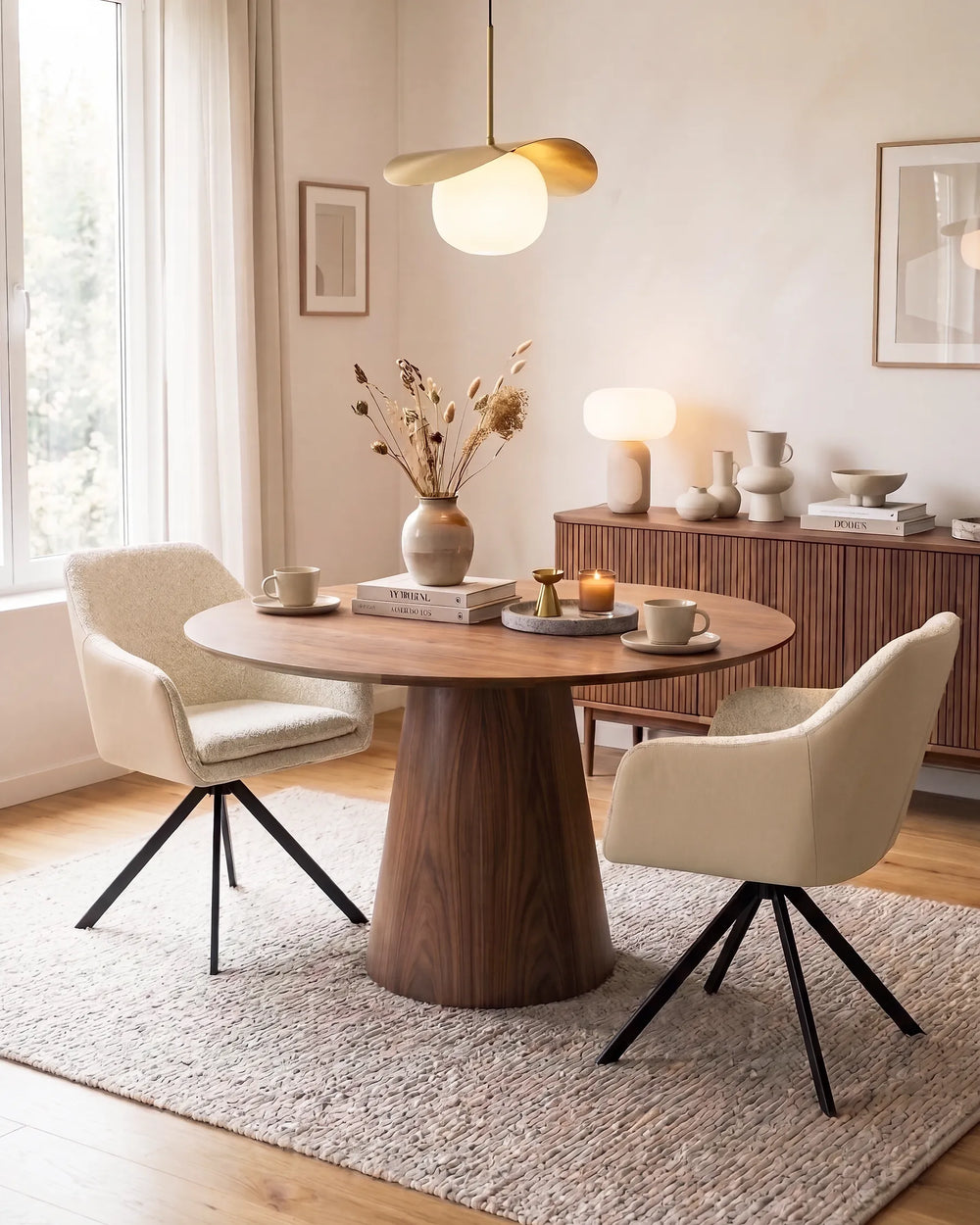 A modern dining room scene featuring a round wooden pedestal table, two cream upholstered swivel chairs with black metal legs, a textured light rug, and warm ambient lighting from a hanging pendant lamp.