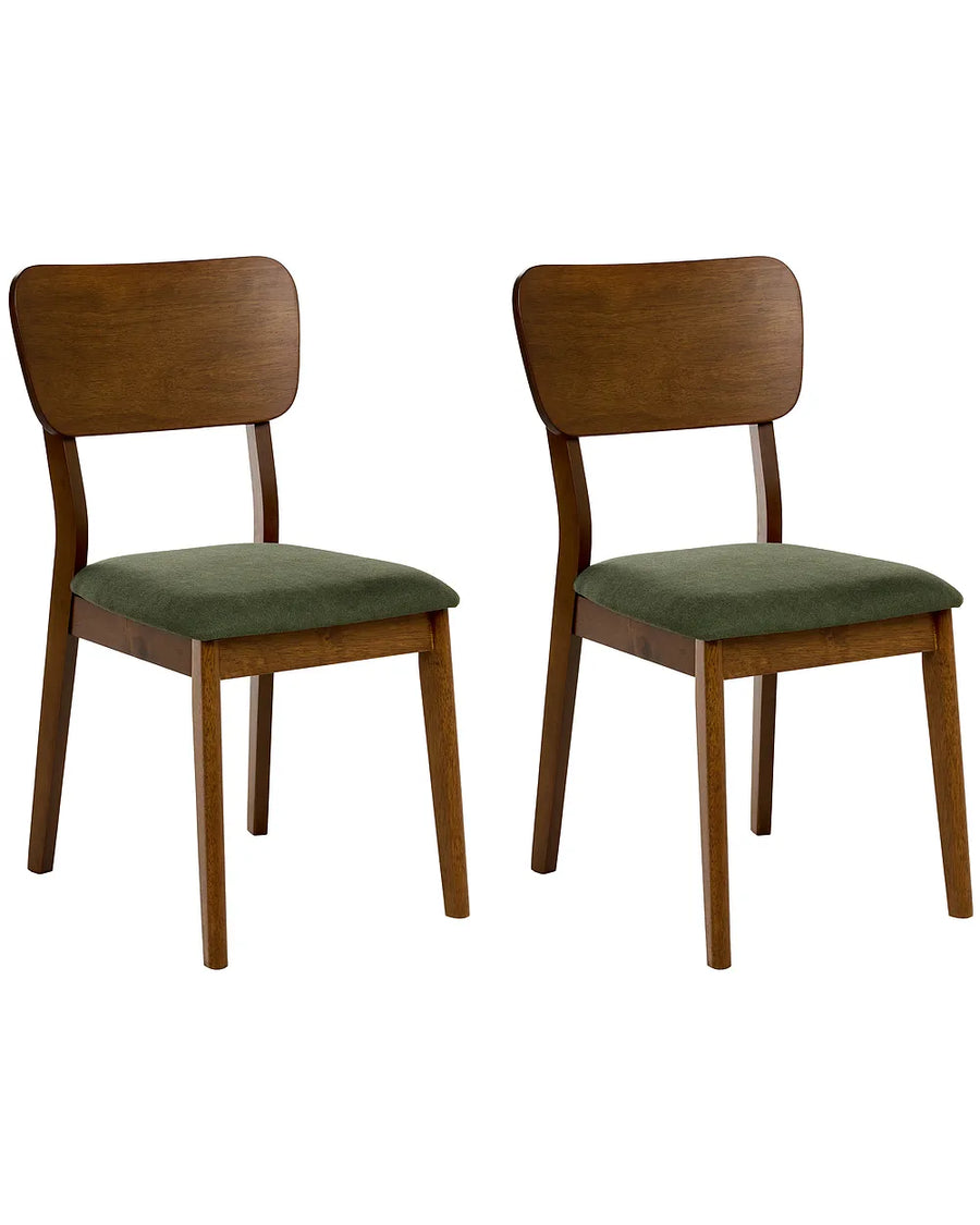 Two wooden dining chairs with olive green upholstered seats, shown side by side against a plain white background.