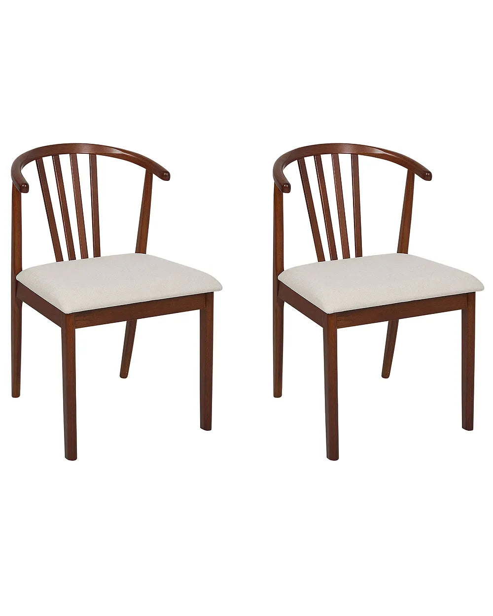 Two wooden dining chairs with curved backrests and light beige upholstered seats, shown on a plain white background.