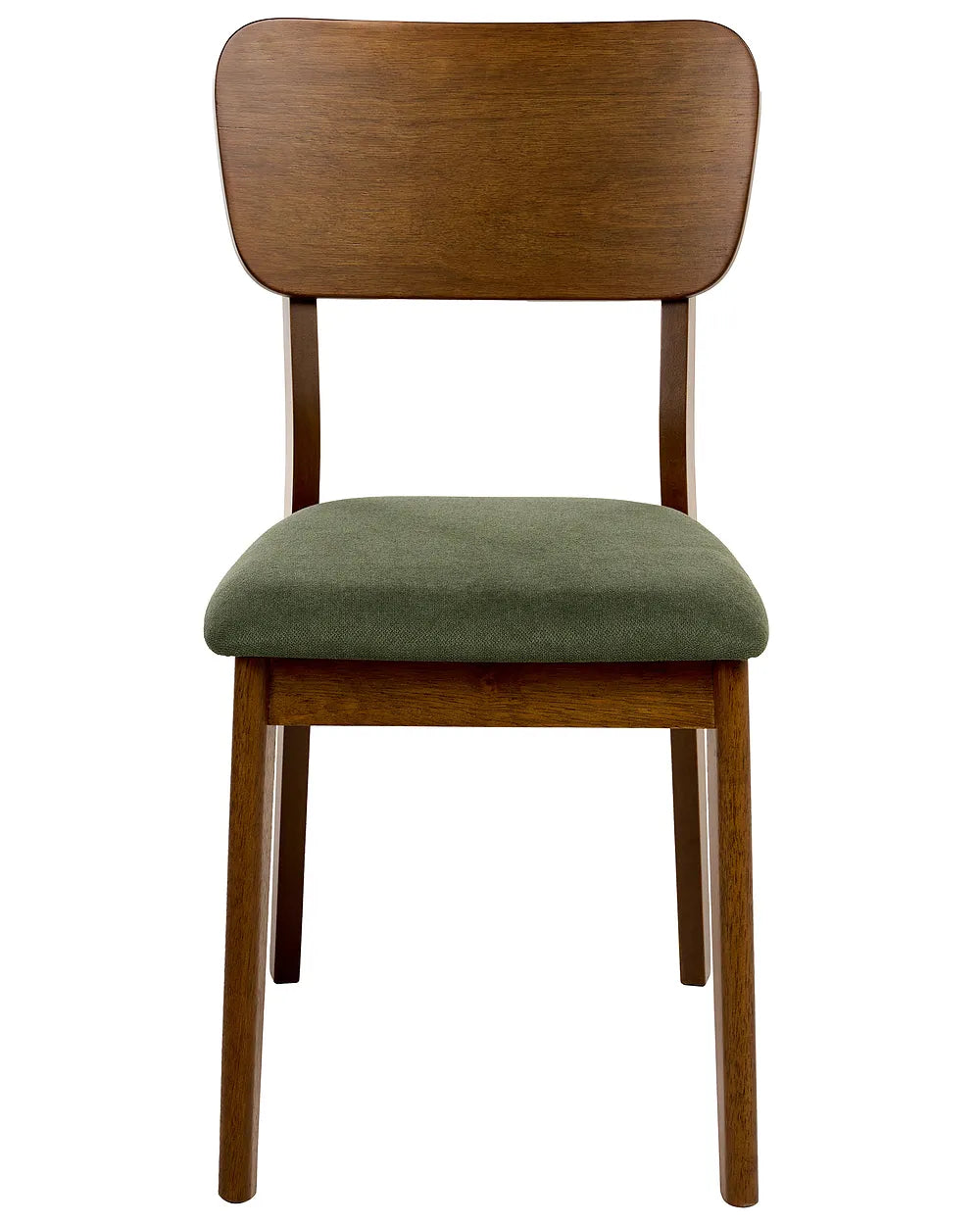 A mid-century modern wooden dining chair with a warm brown wood frame and a muted sage green upholstered seat cushion, shown against a plain white background.