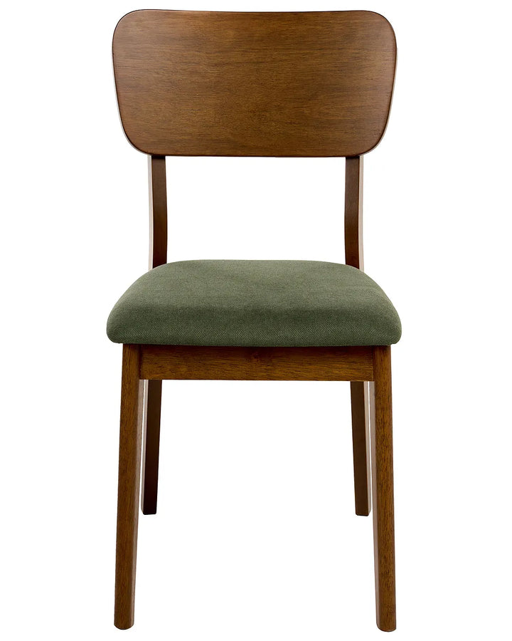 A mid-century modern wooden dining chair with a warm brown wood frame and a muted sage green upholstered seat cushion, shown against a plain white background.