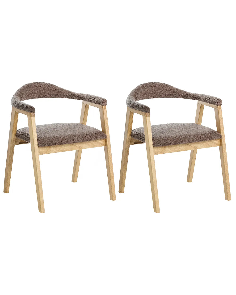 Two matching dining chairs with light natural wood frames and taupe-brown upholstered seats and curved armrests, shown on a plain white background.