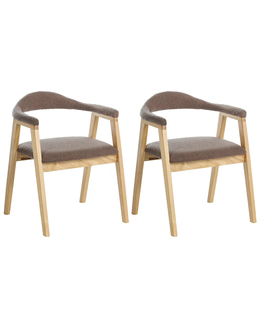 Two matching dining chairs with light natural wood frames and taupe-brown upholstered seats and curved armrests, shown on a plain white background.