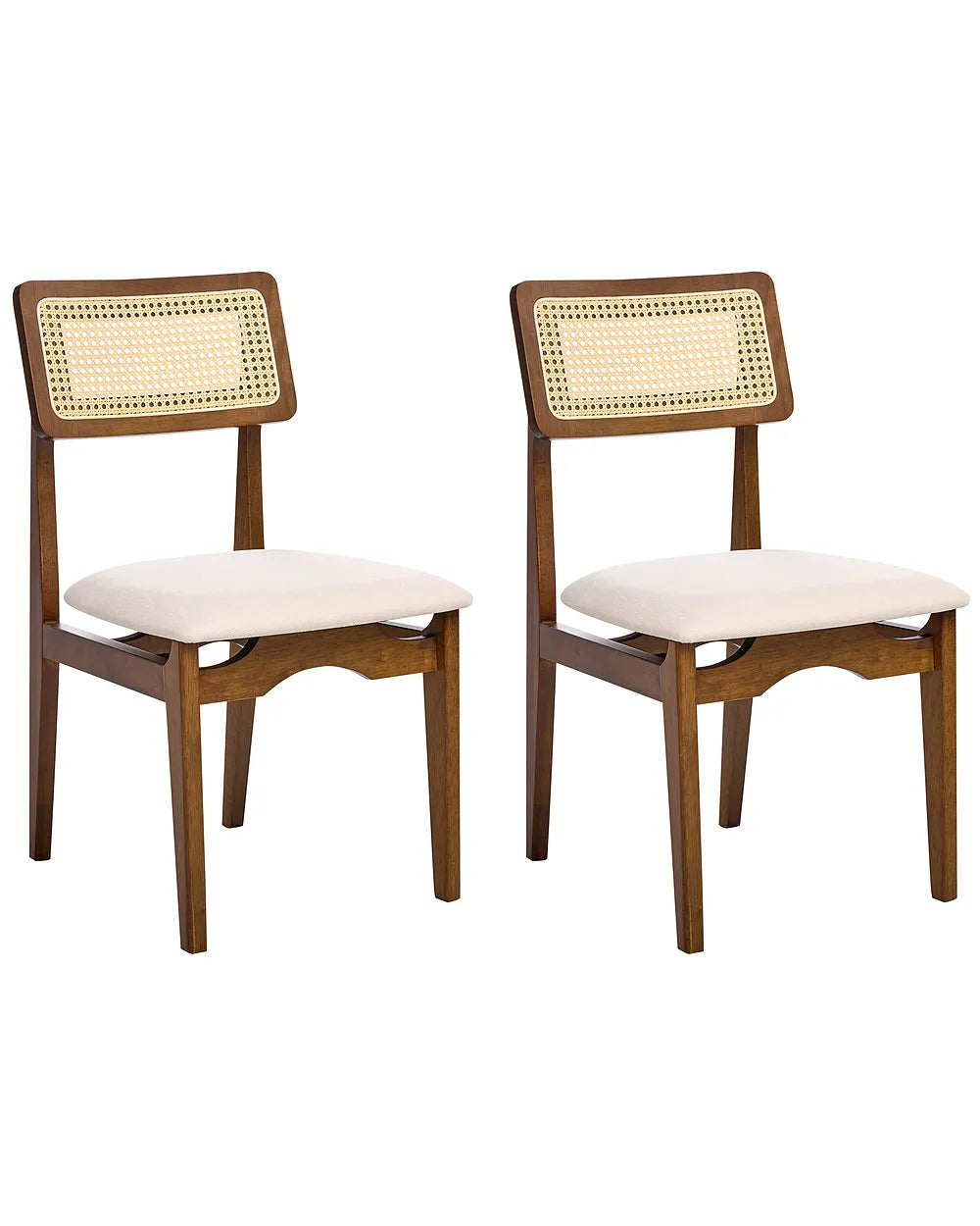 Two wooden dining chairs with woven cane backrests and cream upholstered seats, shown side by side on a plain white background.