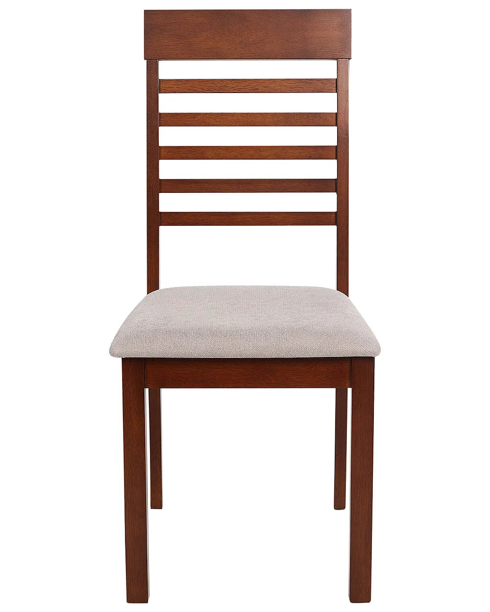 A wooden dining chair with a medium brown slatted backrest and a light beige upholstered seat cushion, shown against a plain white background.