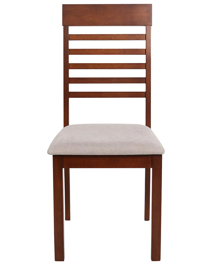 A wooden dining chair with a medium brown slatted backrest and a light beige upholstered seat cushion, shown against a plain white background.