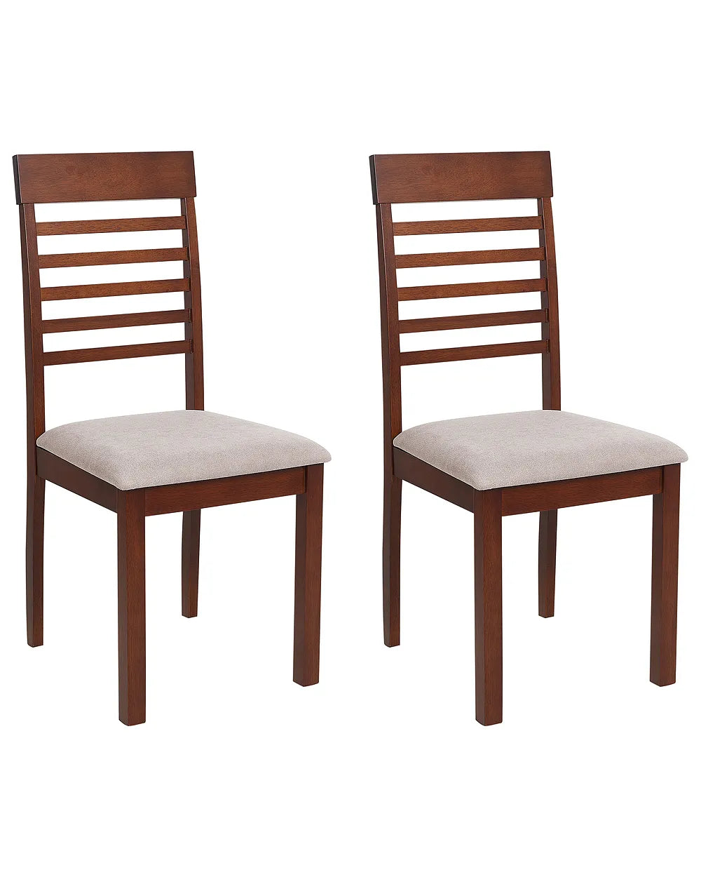 Two matching wooden dining chairs with light beige upholstered seats, shown side by side on a plain white background.