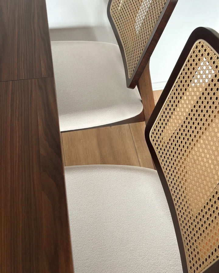 Close-up of a chair with woven backrest and wooden frame.