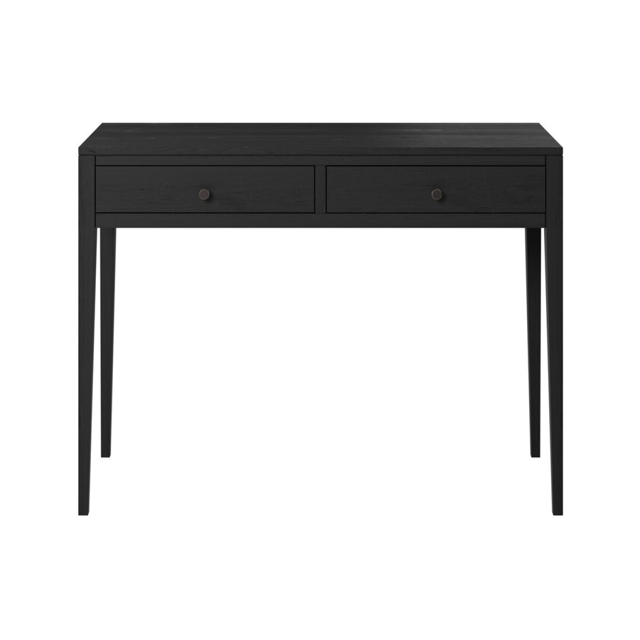 Black console table with two drawers on a white background
