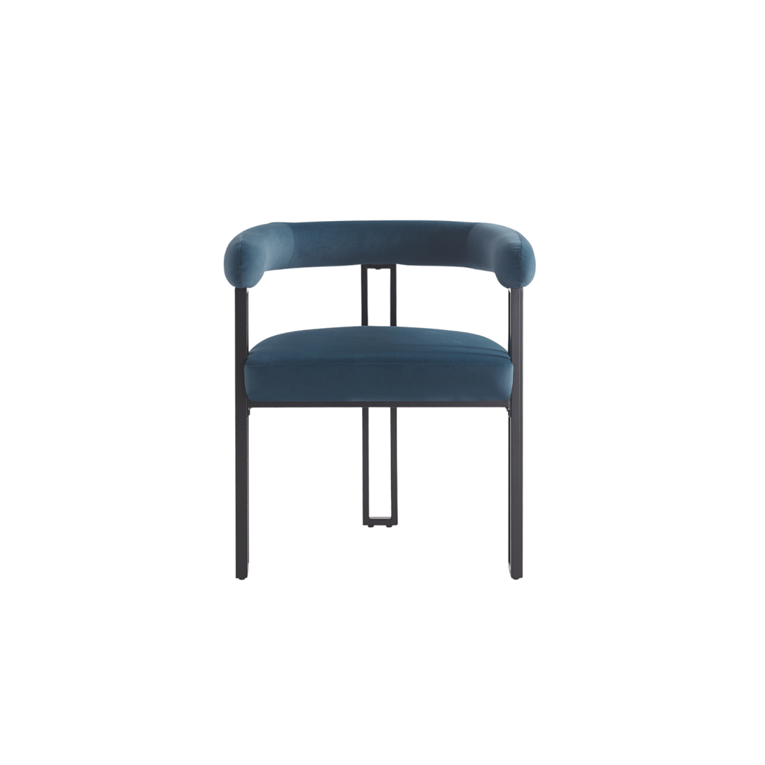 Blue chair with black metal legs on a white background