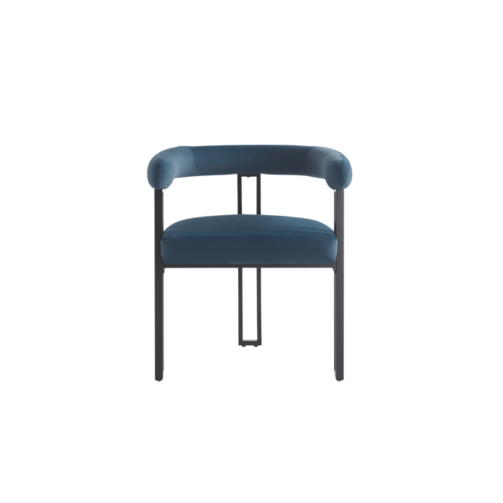 Blue chair with black metal legs on a white background