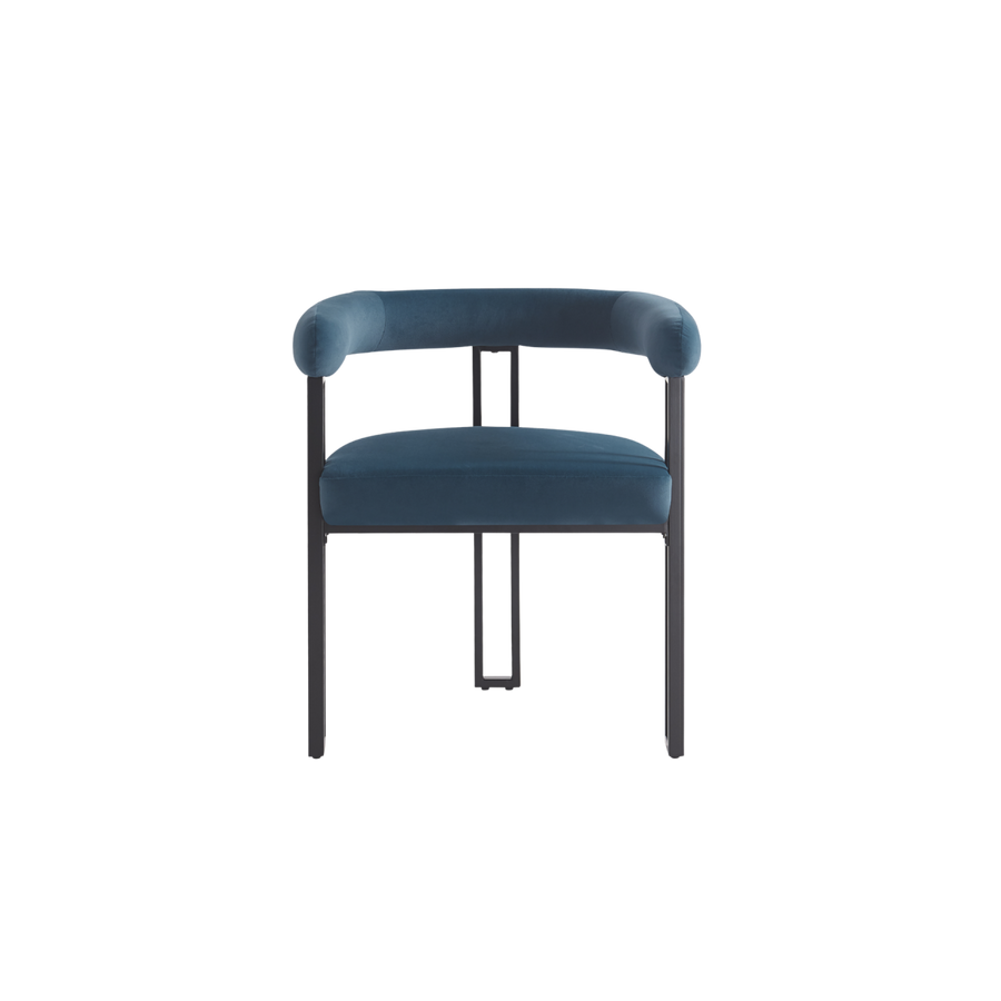 Blue chair with black metal legs on a white background