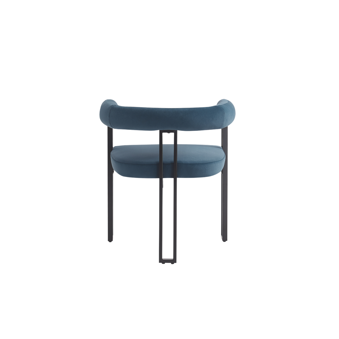 Blue chair with black metal legs on a white background