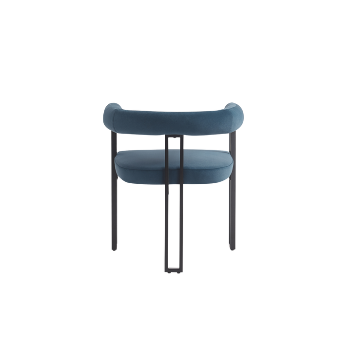 Blue chair with black metal legs on a white background