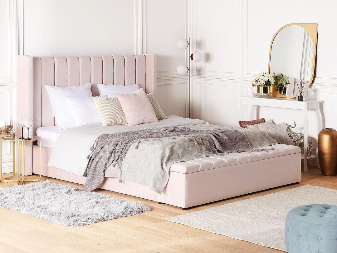 Velvet EU Super King Size Bed with Storage Bench Pastel Pink Noyers