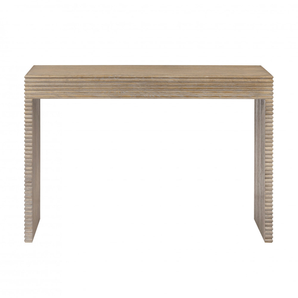 Wooden console table with a ribbed design on a white background