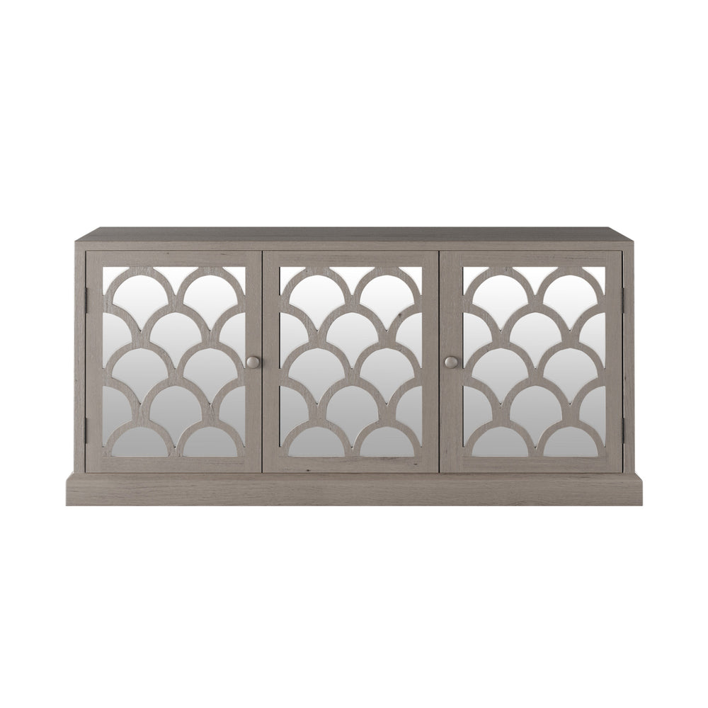 Gray sideboard with decorative glass panels on a white background