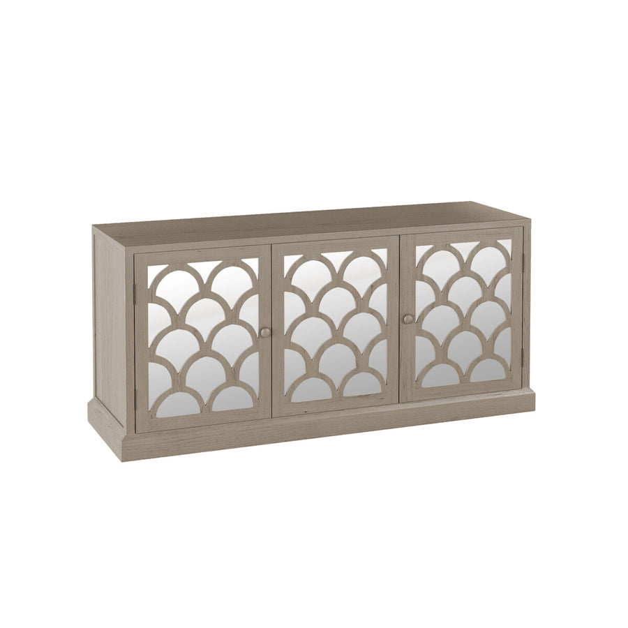 Decorative cabinet with lattice design on a white background