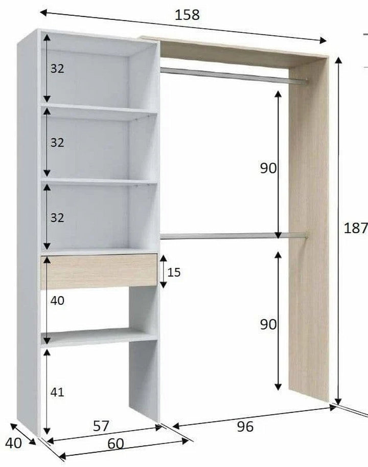 Daniella Oak and White Open Door Wardrobe With Shelves And Rail