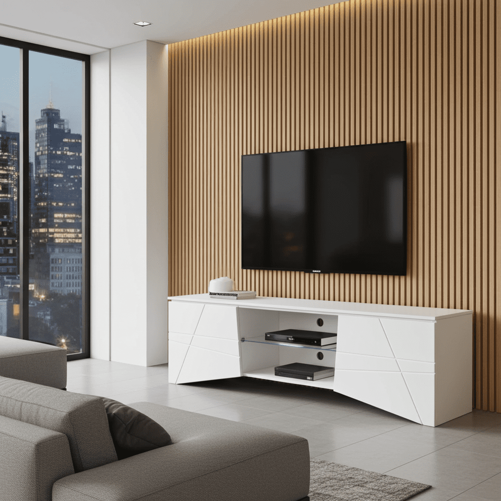 Modern living room with a white entertainment console, gray sofa, and cityscape view.