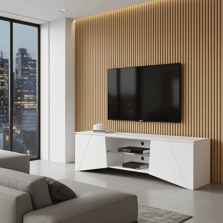 Modern living room with a white entertainment console, gray sofa, and cityscape view.