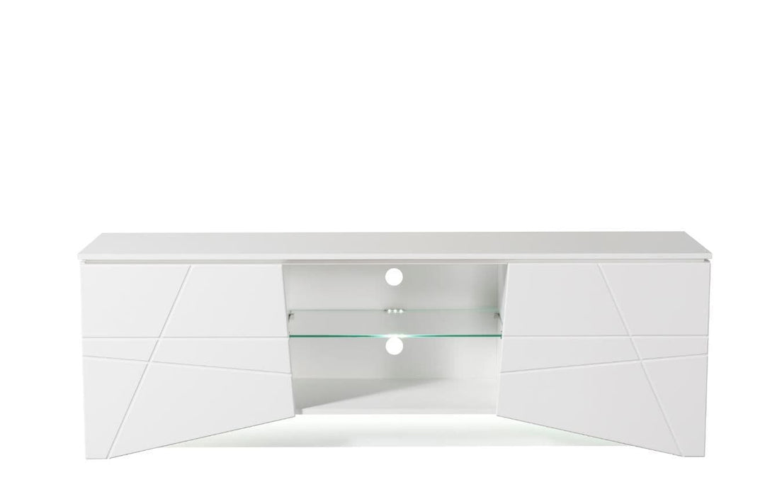White high-gloss TV stand on a white background