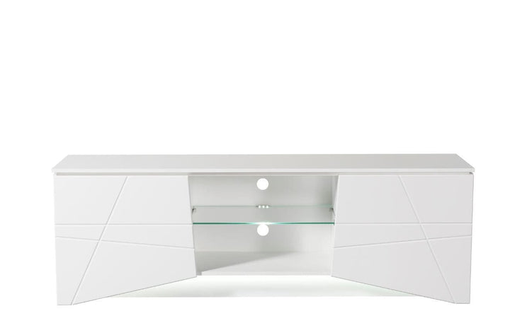 White high-gloss TV stand on a white background