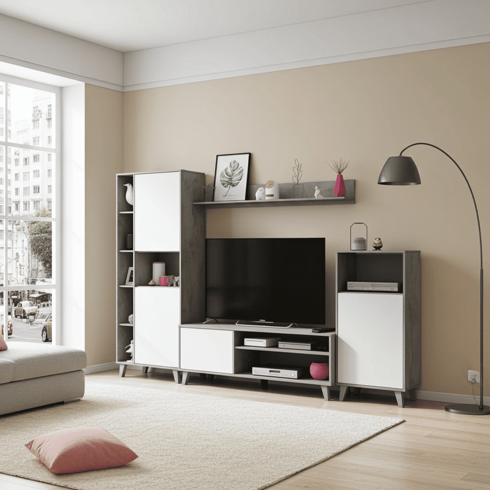 Modern living room with a TV stand, shelves, and decorative items.