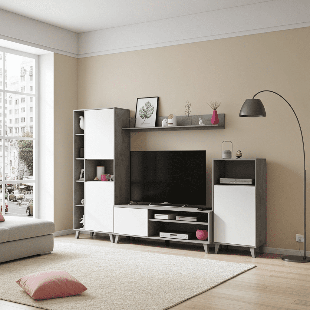 Modern living room with a TV stand, shelves, and decorative items.