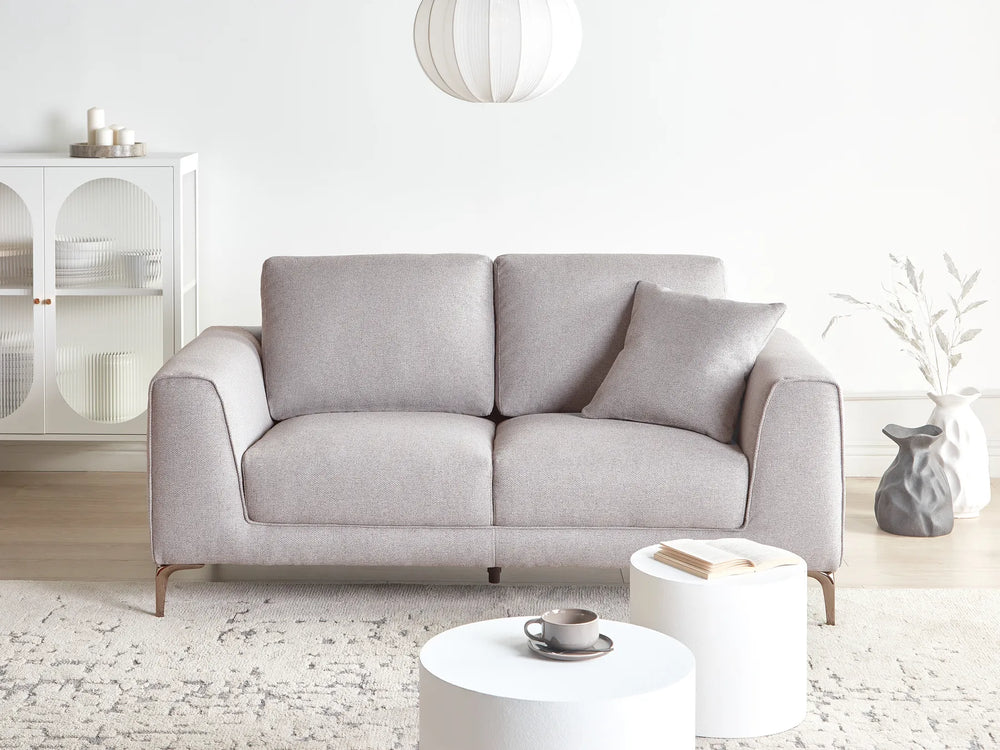 2 seater grey sofa with soft upholstery and modern design