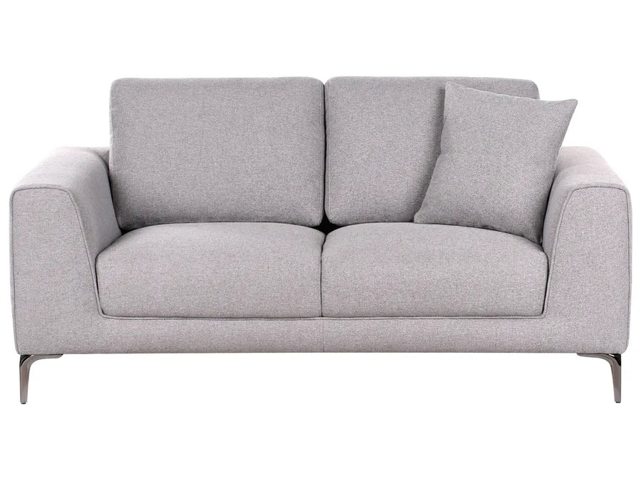grey fabric 2 seater sofa with thick cushions and metal legs