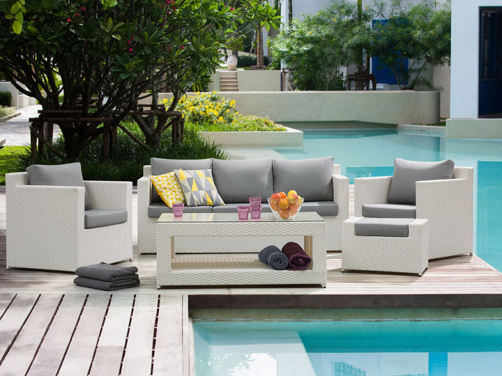 Roma Garden Lounge Set with Table and Ottoman 6 Seater PE Rattan White