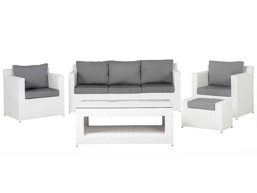 White outdoor furniture set with gray cushions on a white background