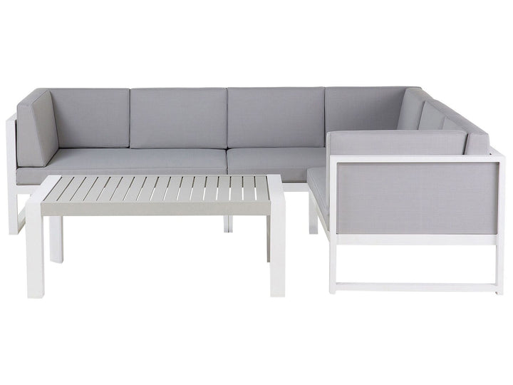 Outdoor furniture set with gray cushions and white frames on a white background