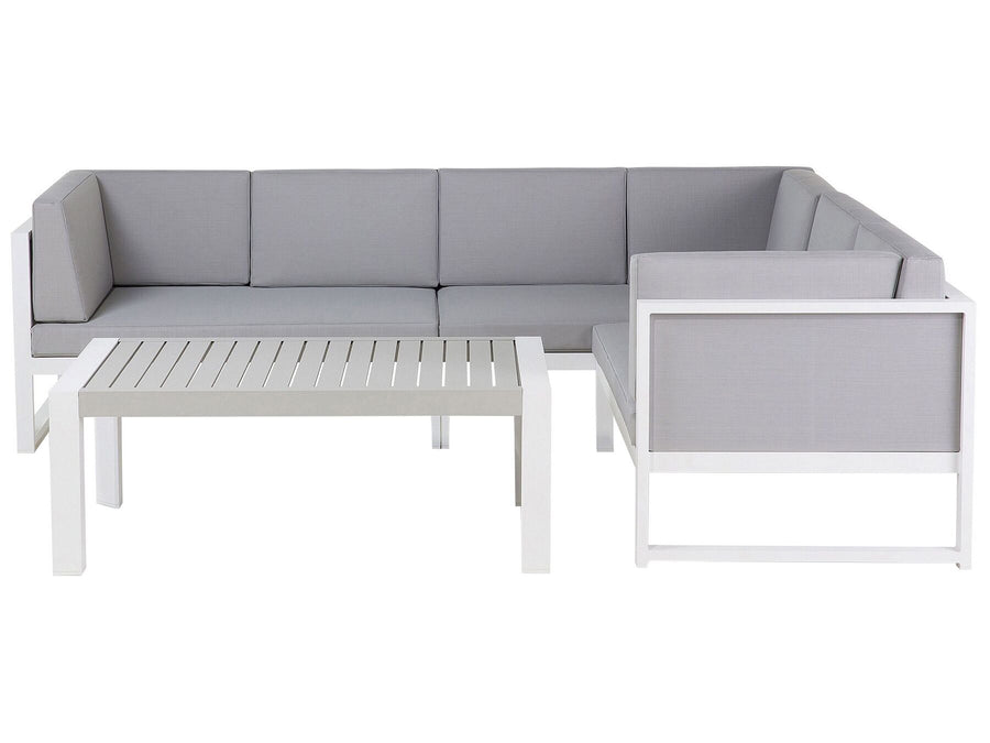 Outdoor furniture set with gray cushions and white frames on a white background