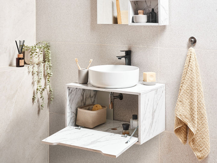Wall Mounted Washbasin Cabinet 60 cm White Marble Petrolina