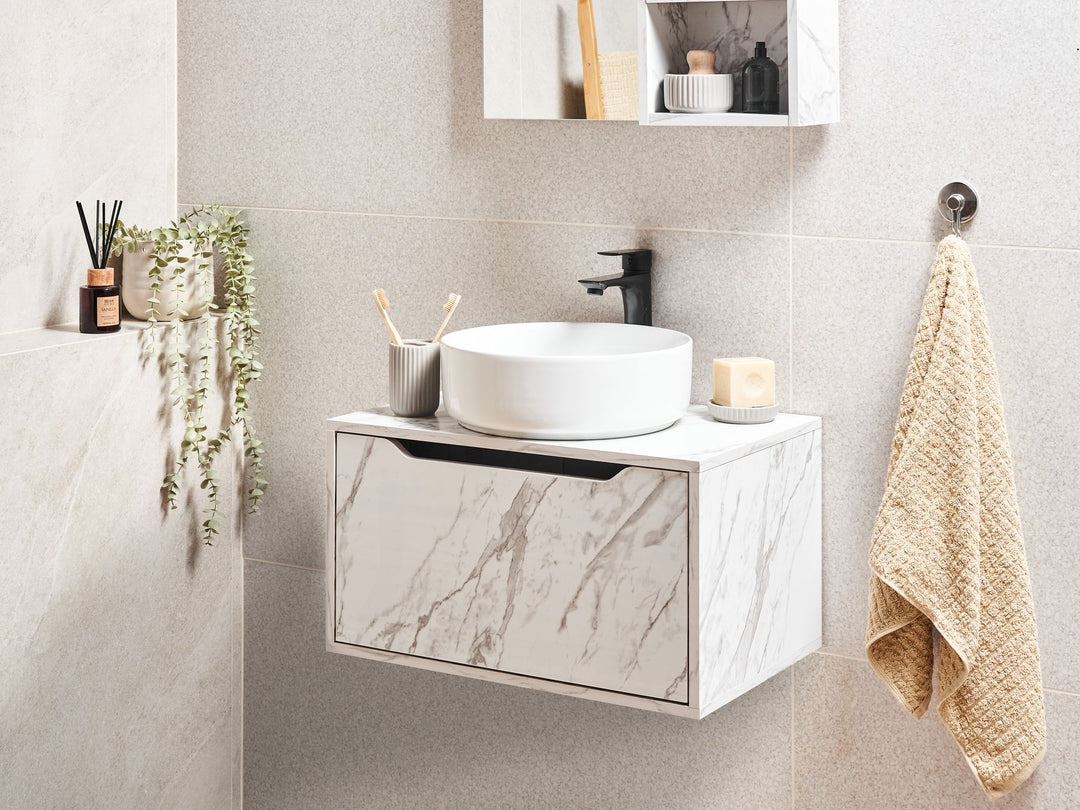 Wall Mounted Washbasin Cabinet 60 cm White Marble Petrolina