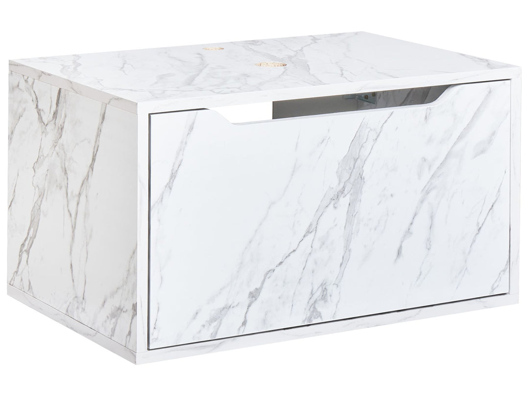 Marble-patterned side table on a white background