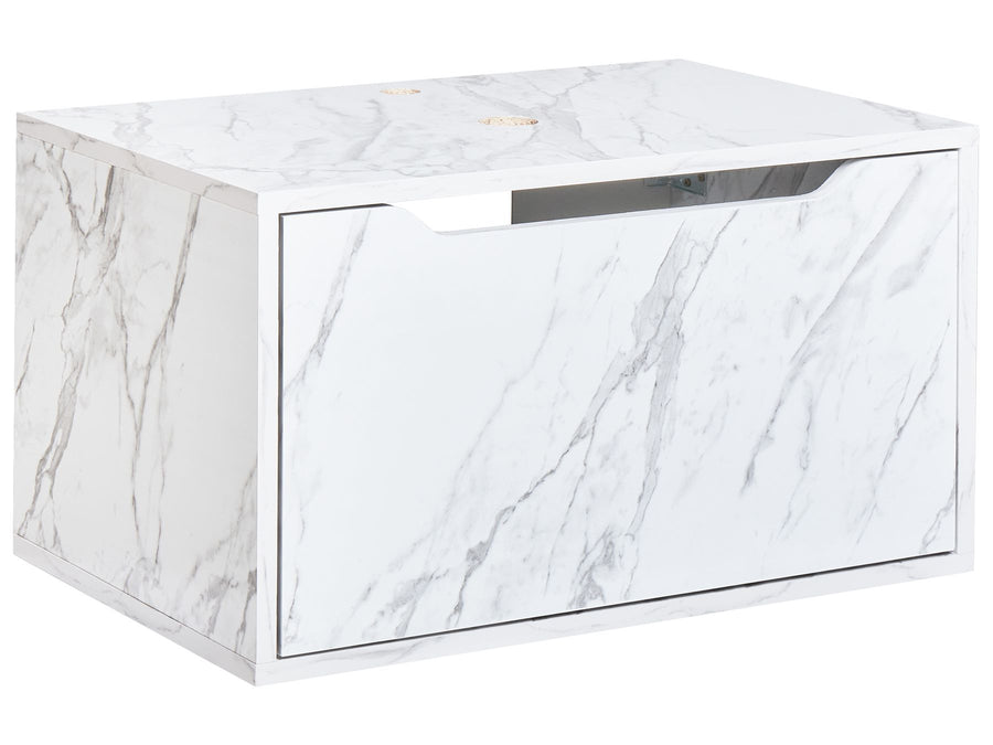 Marble-patterned side table on a white background