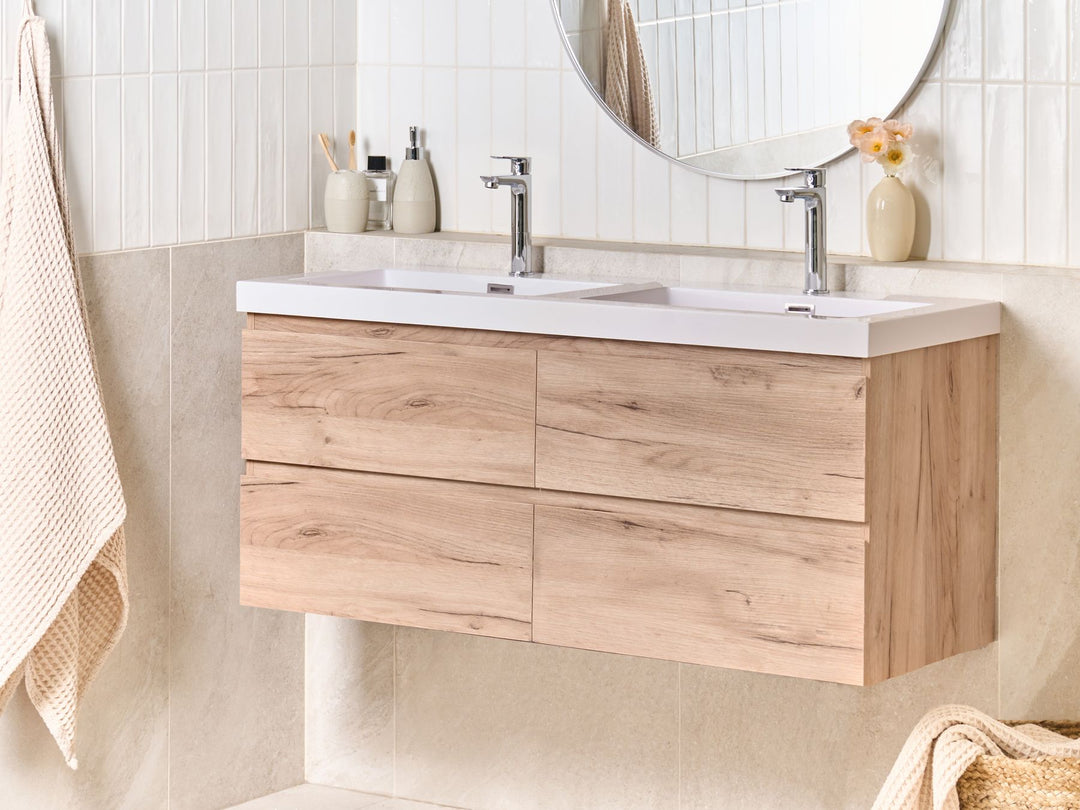 Wall Mounted Double Basin Vanity Unit 120 cm 52 cm Light Brown Ranco