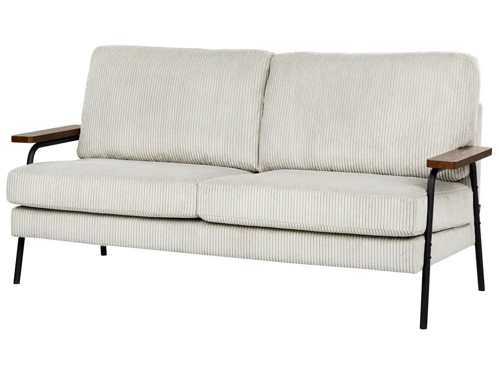 Beige sofa with wooden armrests on a white background