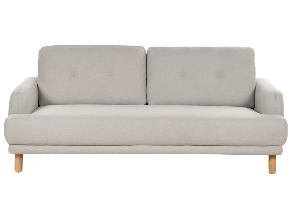 Taupe fabric 3-seater sofa with buttoned backrest and wooden legs