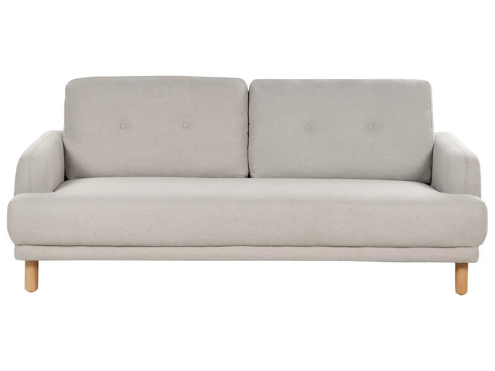 Taupe fabric 3-seater sofa with buttoned backrest and wooden legs